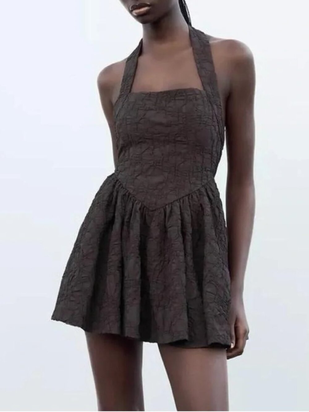 Zara | Textured Halter Neck Drop Waist Corset Mini Dress Chocolate Brown | Small
